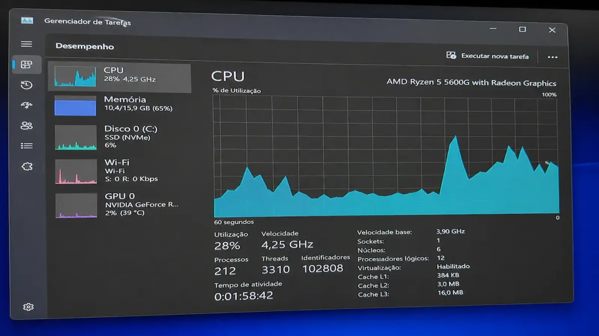 Gerenciador de Tarefas do Windows mostrando o uso de disco, CPU e memória