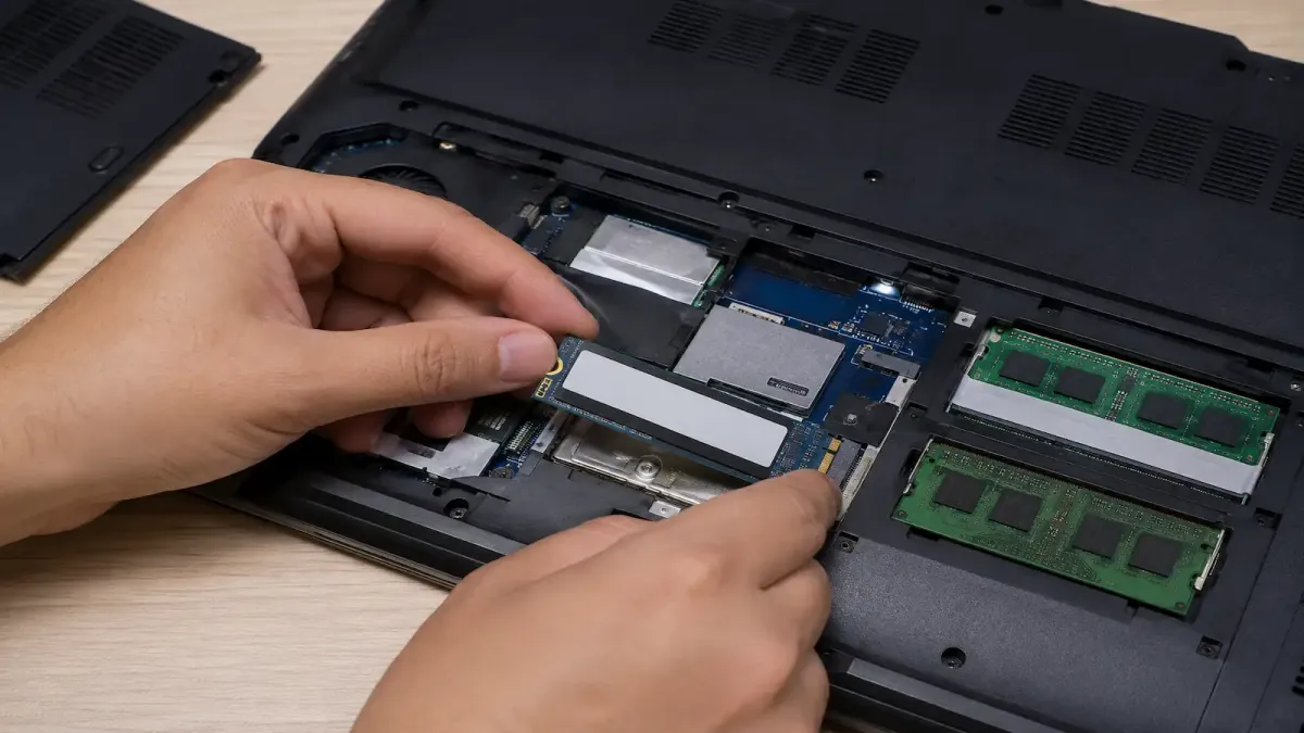 Instalação de um SSD no slot de um notebook com a tampa traseira aberta