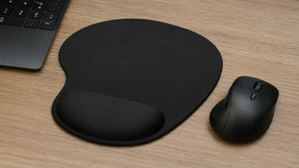 Mousepad ergonômico com apoio de punho ao lado de um mouse