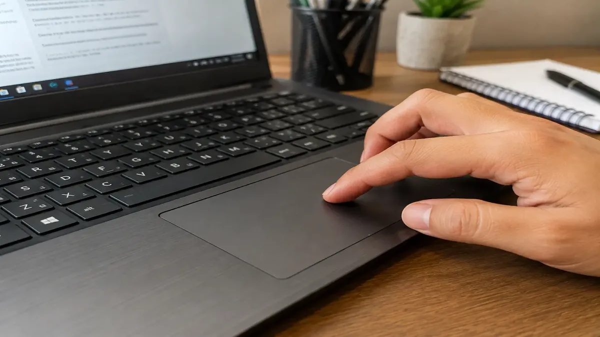 Dedo usando o touchpad de um notebook sobre a mesa