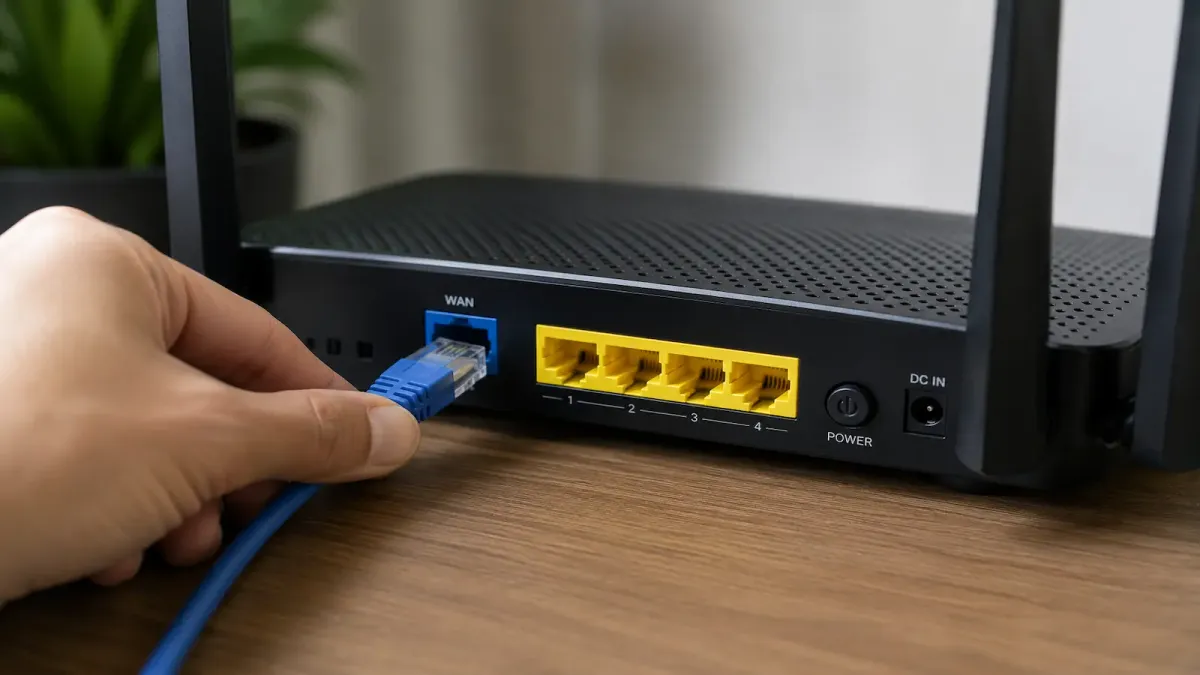 Cabo de rede sendo conectado na porta WAN de um roteador Wi-Fi
