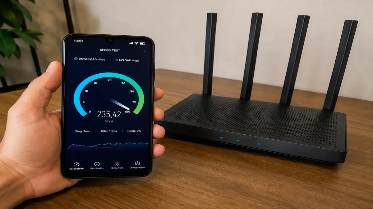 Teste de velocidade da internet no celular ao lado de um roteador Wi-Fi