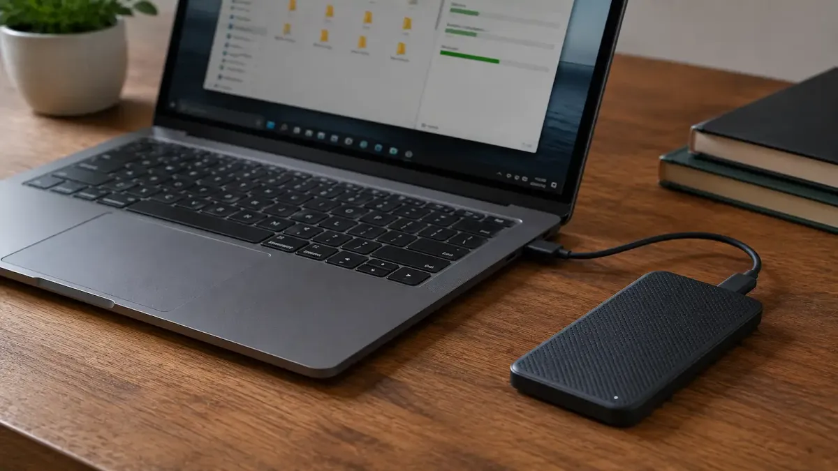 SSD externo portátil conectado por cabo USB-C a um notebook sobre a mesa