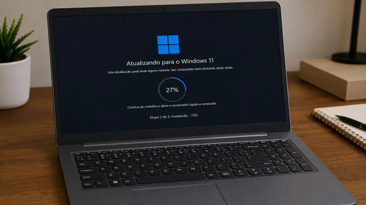 Notebook exibindo a tela de atualização para o Windows 11 em andamento