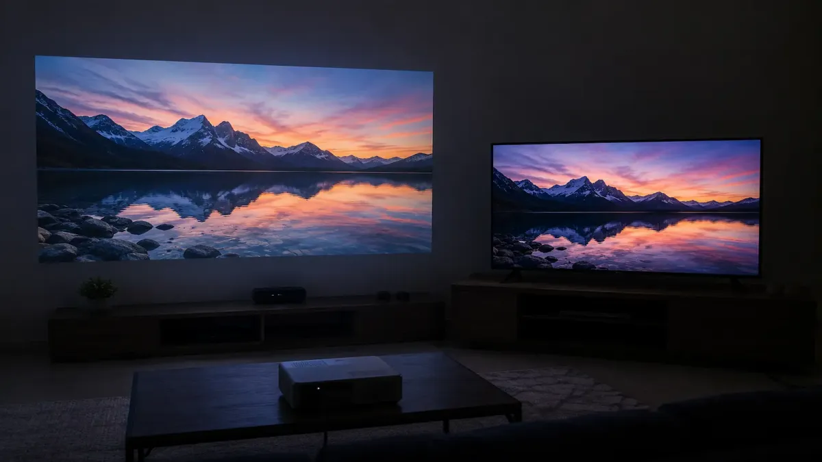 Sala escura com imagem projetada na parede ao lado de uma smart TV, comparando os dois aparelhos
