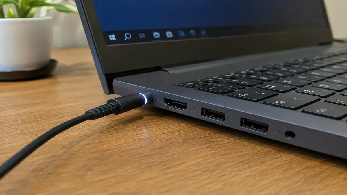 Carregador conectado na lateral de um notebook com a luz de carga acesa
