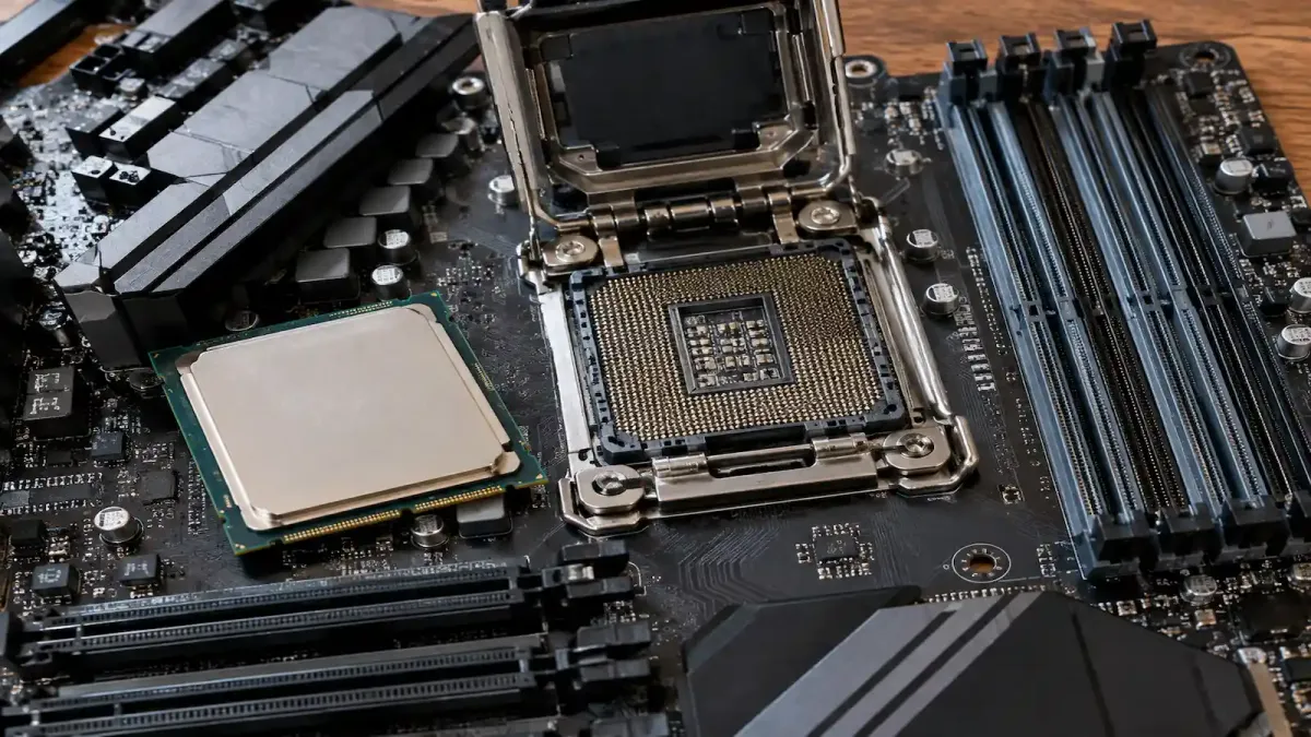 Processador Xeon E5 ao lado do soquete aberto de uma placa-mãe X99 com os slots de memória