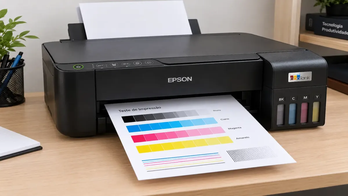 Impressora Epson EcoTank sobre uma mesa imprimindo uma folha de teste com blocos de cores preta, ciano, magenta e amarela