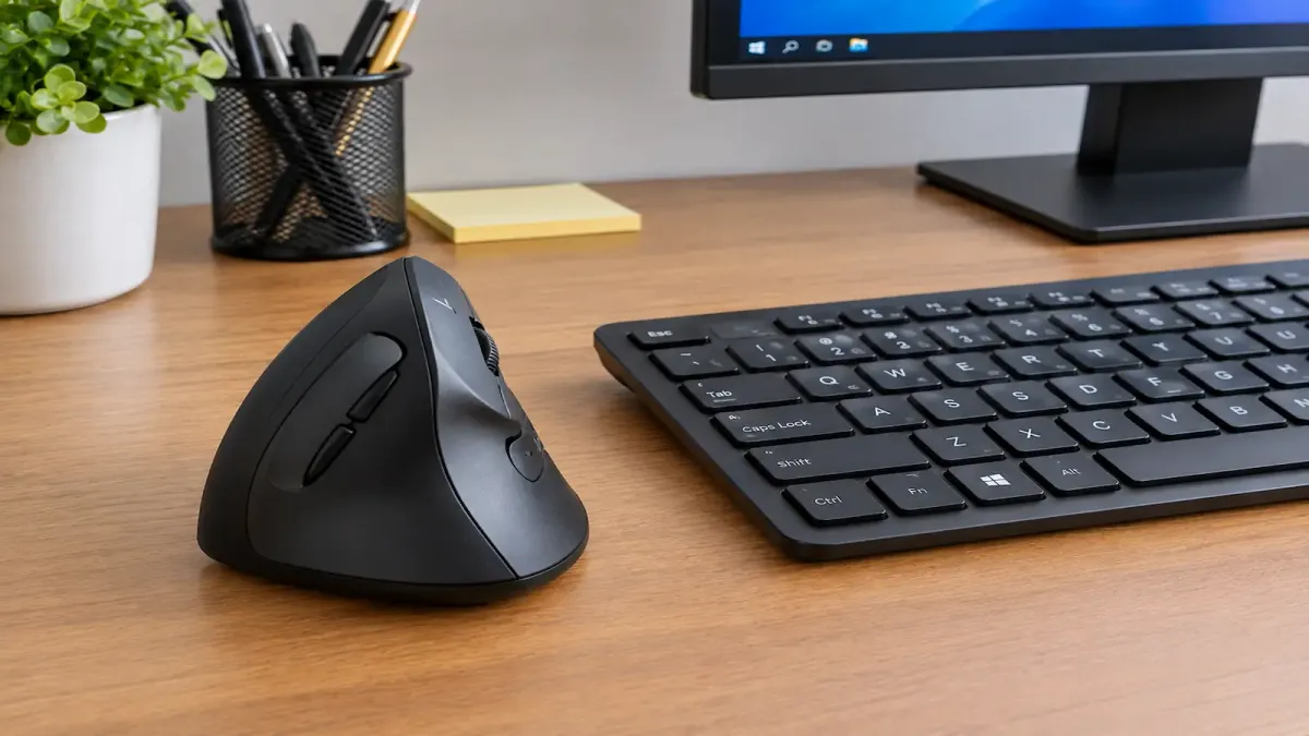 Mouse vertical ergonômico sem fio ao lado de um teclado sobre uma mesa de escritório