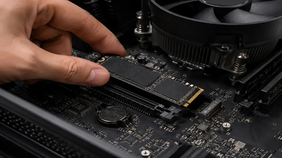 SSD M.2 NVMe sendo instalado na placa-mãe de um PC