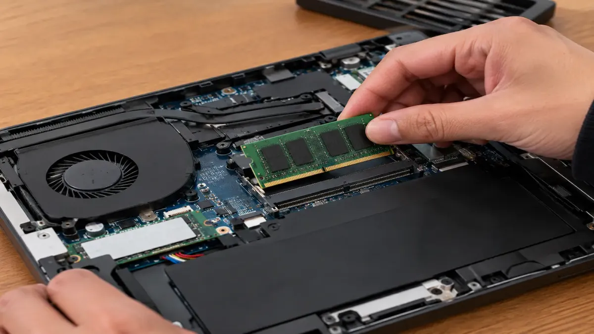Pente de memória SO-DIMM sendo encaixado no slot de um notebook aberto