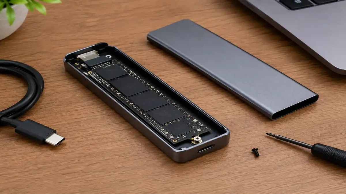 Case de alumínio para SSD M.2 aberto com o drive encaixado