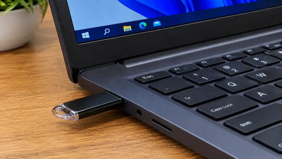 Pendrive conectado à porta USB de um notebook com Windows