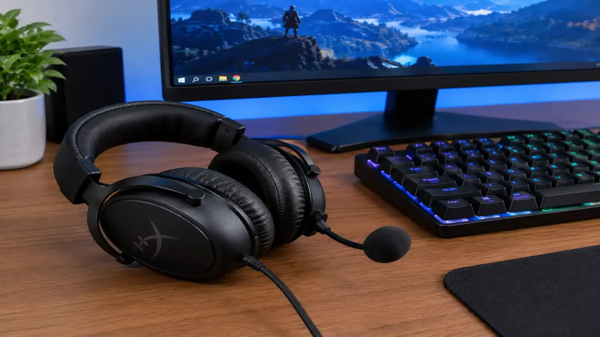Headset gamer preto com microfone sobre uma mesa ao lado de um teclado e de um monitor ligado
