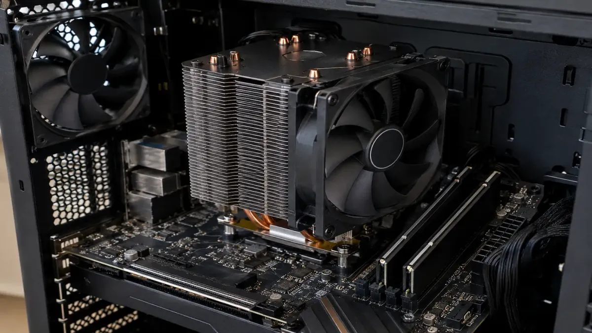 Air cooler de torre com ventoinha de 120 mm montado sobre o processador de uma placa-mãe, dentro de um gabinete aberto