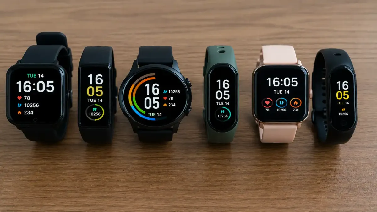 Vários smartwatches e smartbands de custo-benefício lado a lado para comparação