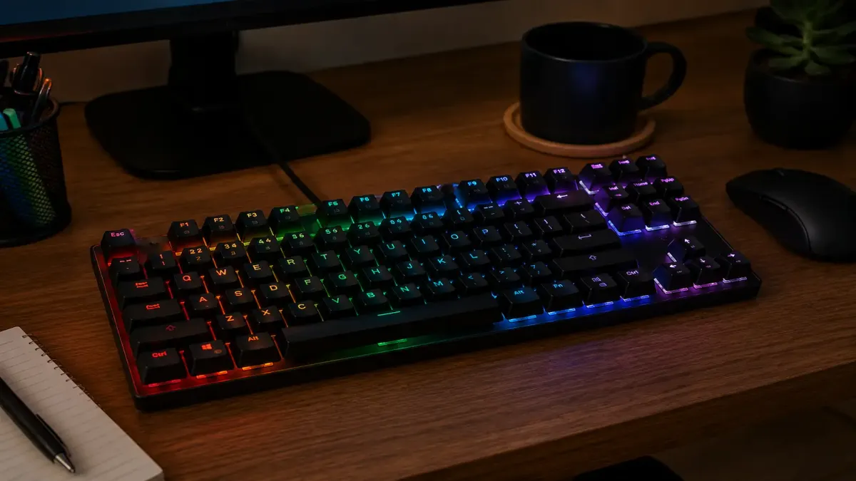 eclado mecânico com iluminação RGB sobre uma mesa de trabalho