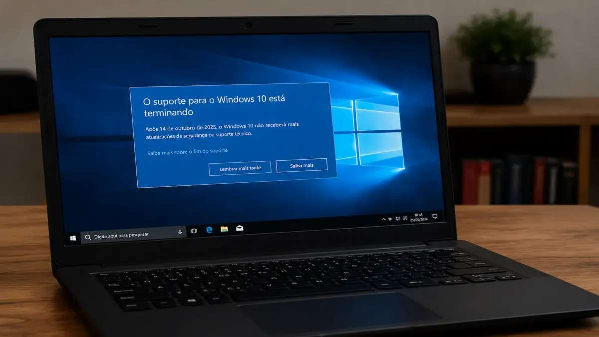 Notebook mostrando aviso de fim de suporte do Windows 10 na tela