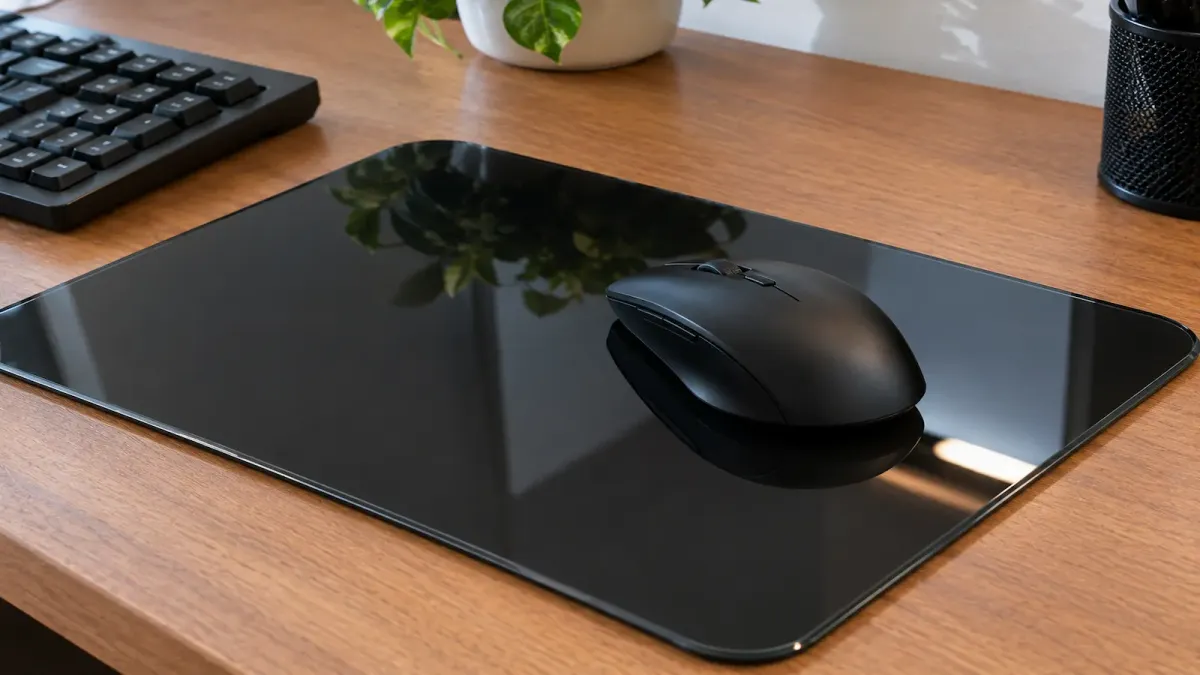 Mouse pad de vidro escuro sobre a mesa com um mouse apoiado e reflexo de luz na superfície