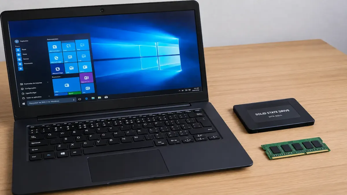Notebook aberto ao lado de um SSD e um pente de memória RAM para upgrade