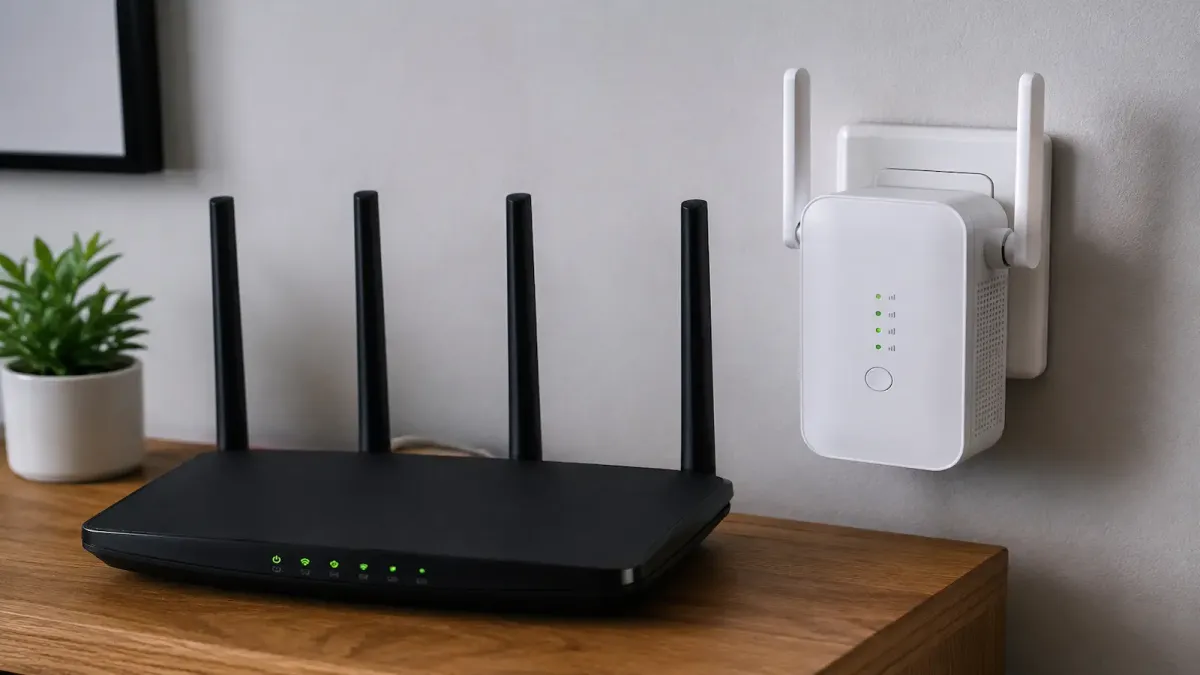Repetidor de sinal Wi-Fi ligado numa tomada ao lado de um roteador