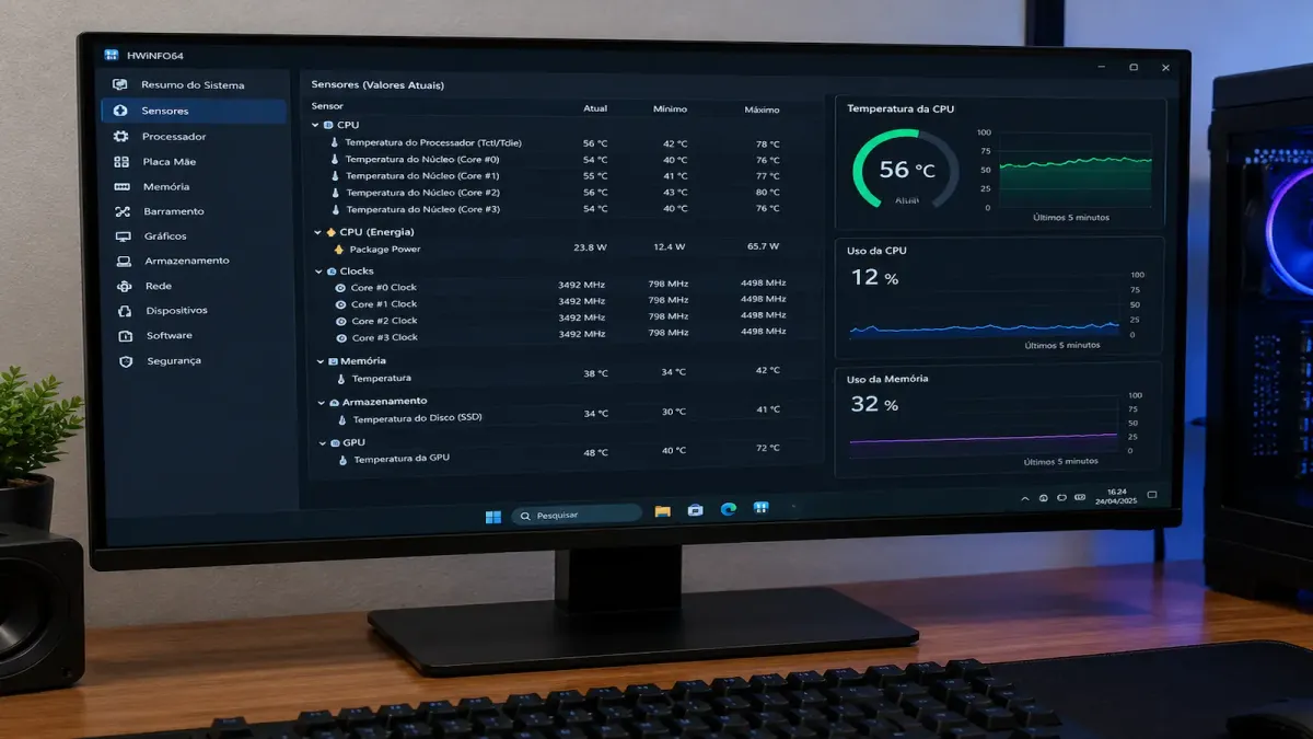 Programa de monitoramento na tela de um PC de mesa mostrando a temperatura do processador