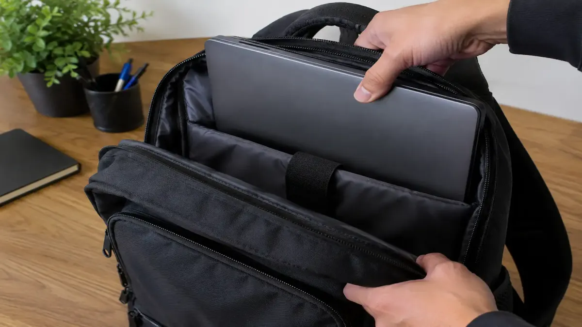 Notebook sendo colocado no compartimento acolchoado de uma mochila preta
