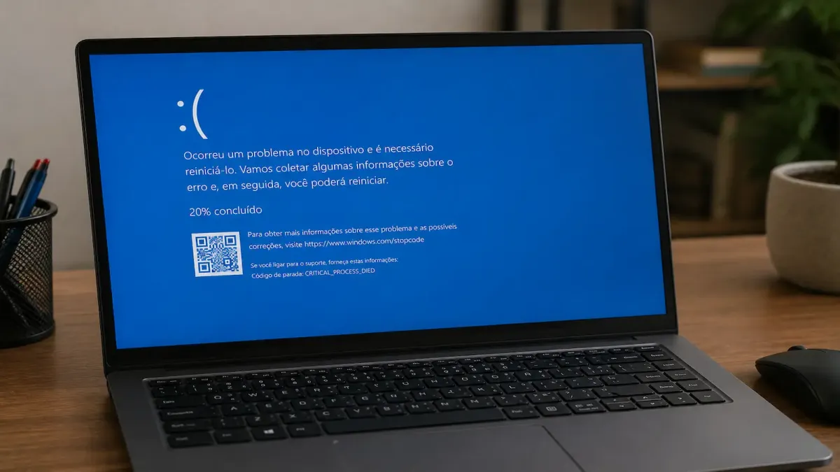 Notebook exibindo a tela azul de erro do Windows com o código de parada