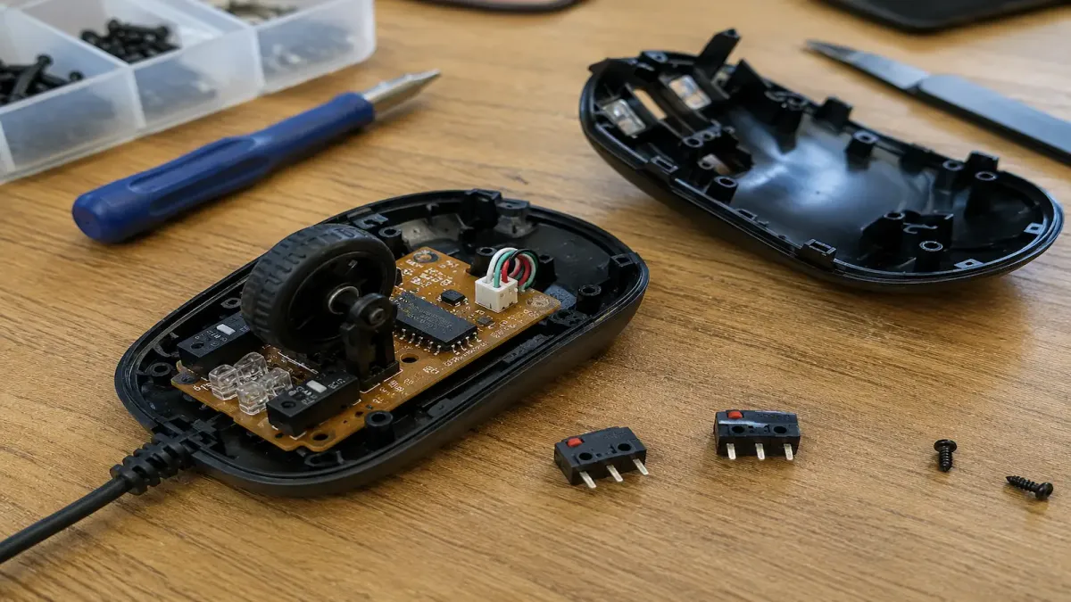 Mouse aberto na bancada com a placa e os micro switches à mostra