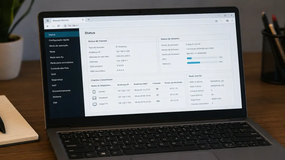 Painel de configuração de um roteador aberto no navegador de um notebook