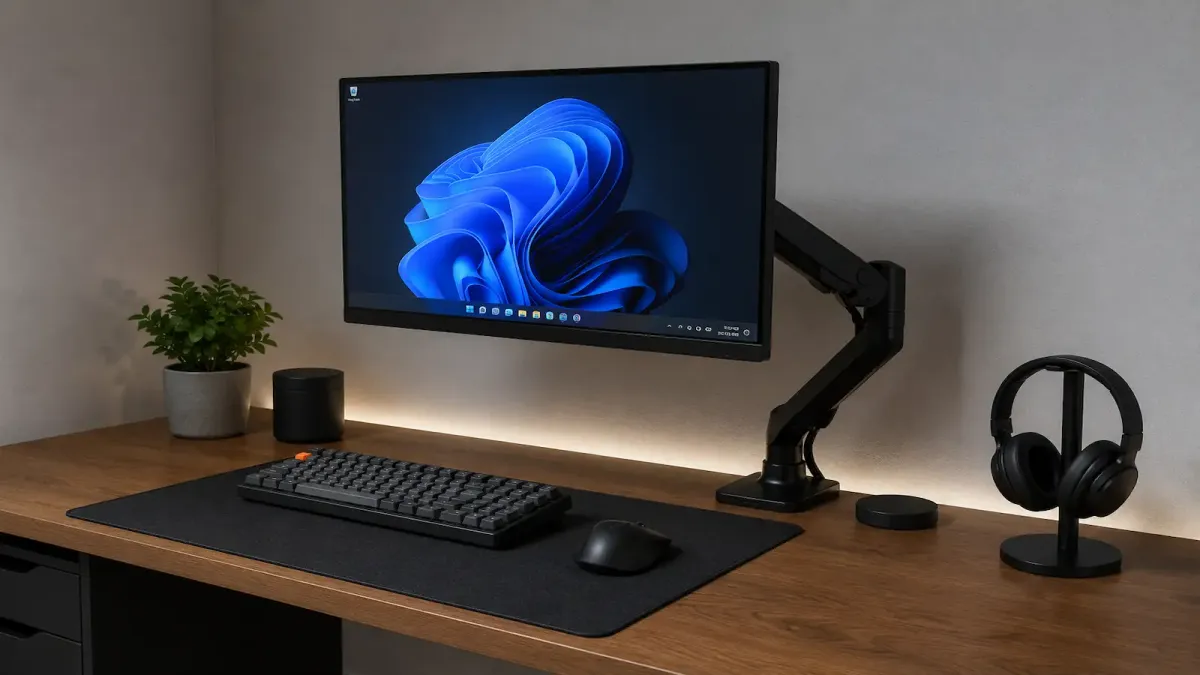Monitor fixado em um braço articulado de mesa em uma bancada organizada