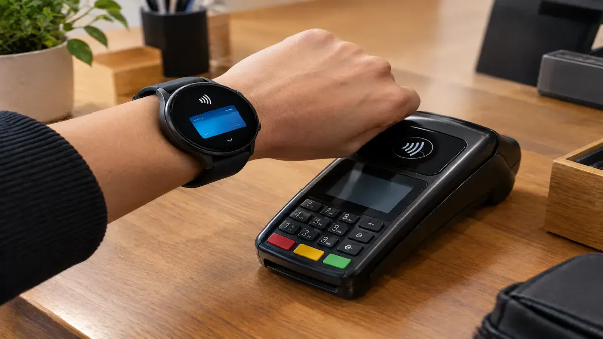 Smartwatch sendo aproximado de uma maquininha de cartão para pagamento