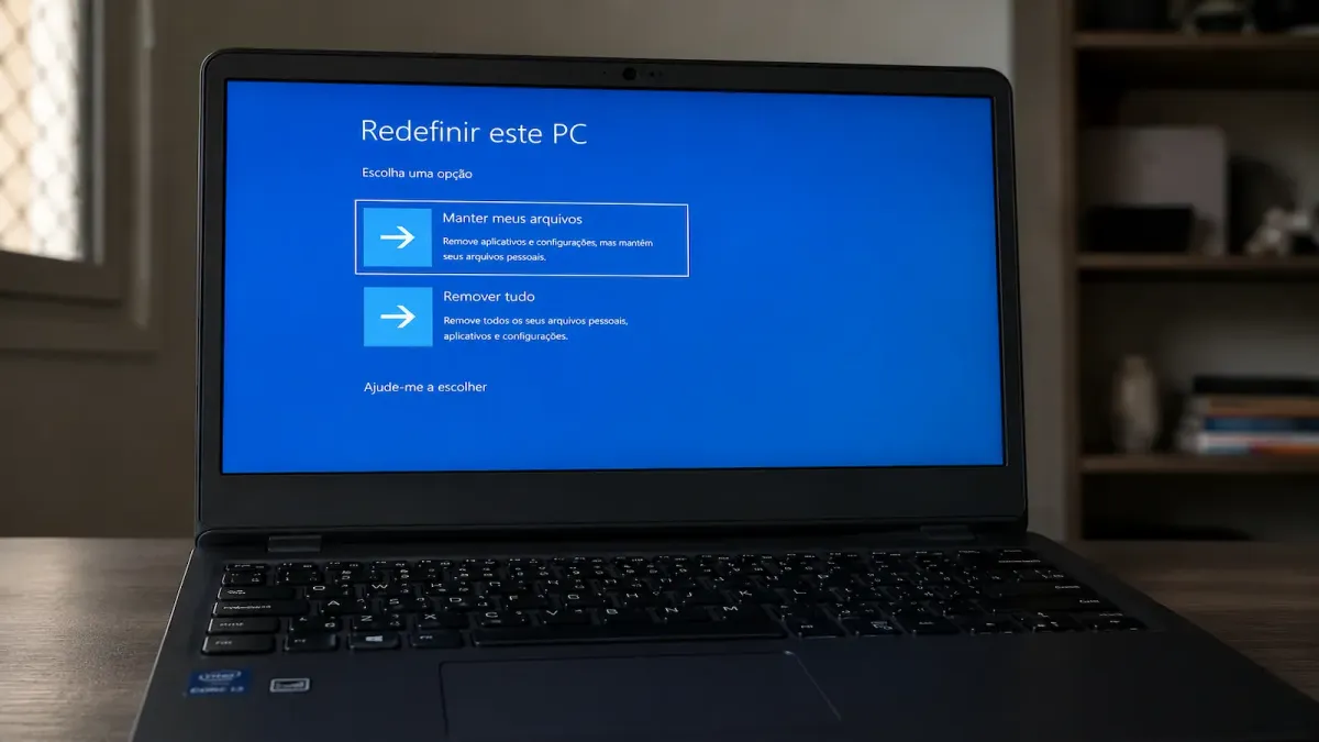 Notebook com a tela de recuperação do Windows aberta na opção de redefinir o PC