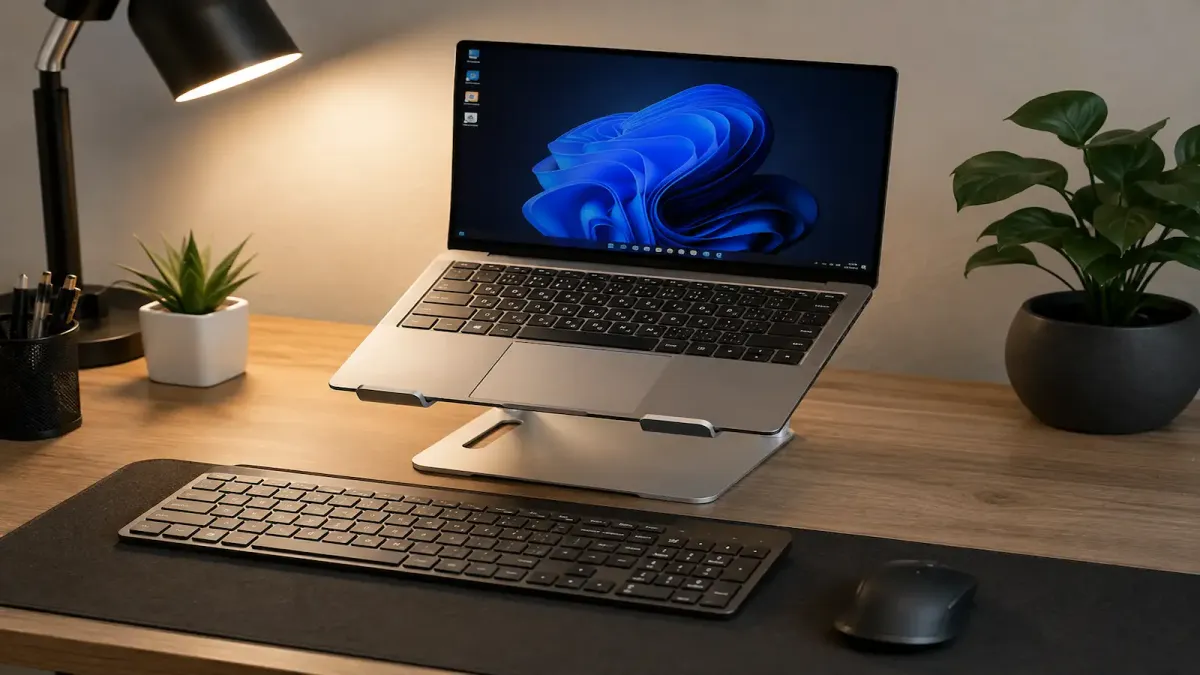 Notebook sobre suporte de alumínio com teclado externo à frente