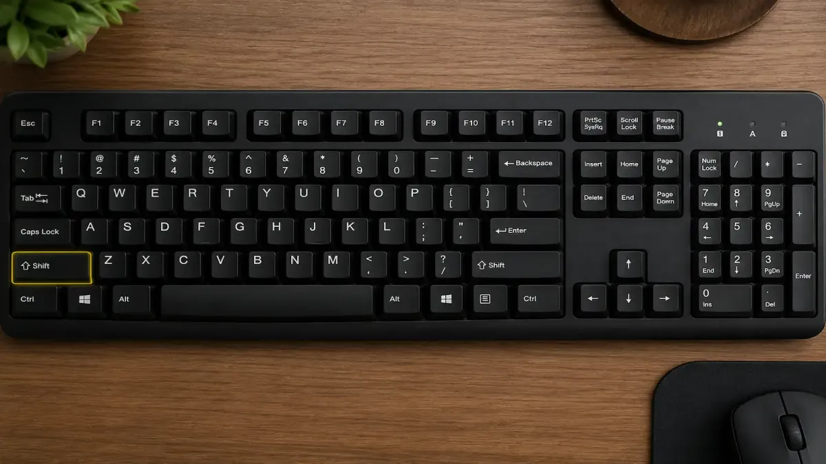 Teclado de computador visto de cima com a tecla Shift em destaque