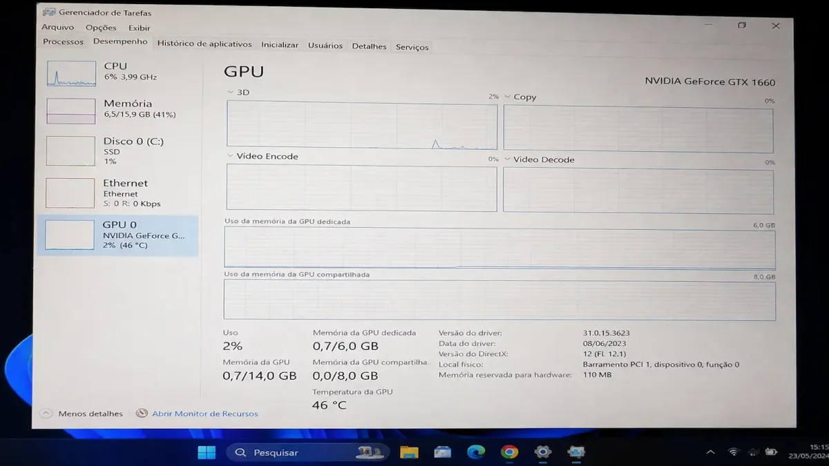Gerenciador de Tarefas do Windows mostrando as informações da GPU